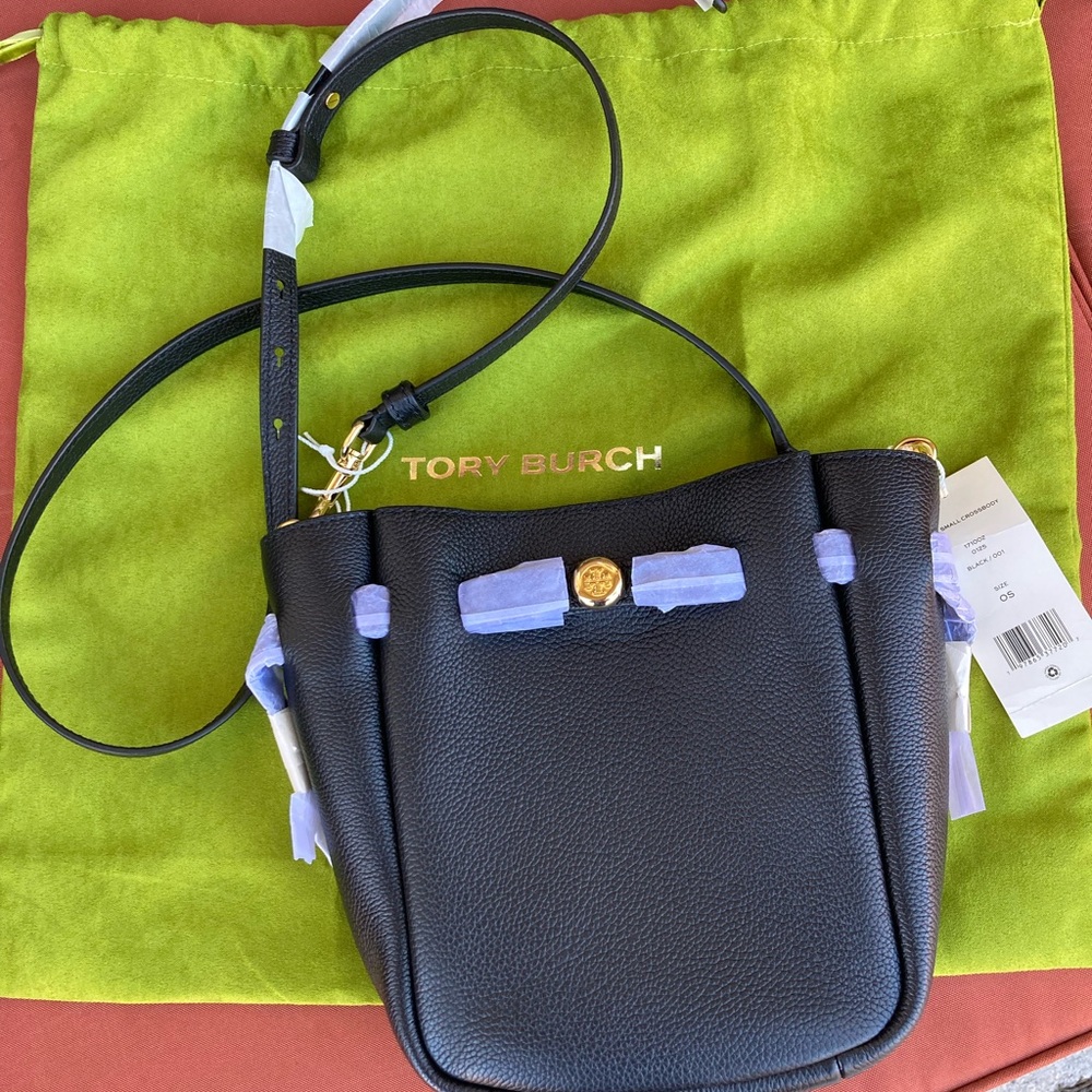 Tory Burch Black Pebbled Leather Crossbody with Gold Logo Accent